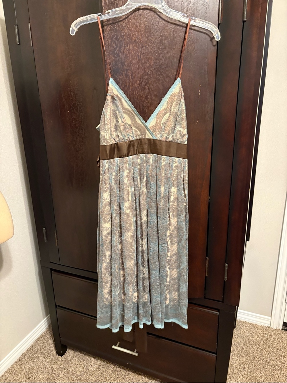 Mystic Blue Lace Floral Boho Maxi Dress Satin Tie Waist Size M